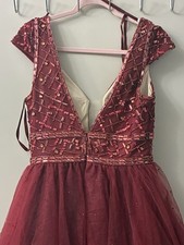 Burgundy Beaded Sequin Tulle Ballgown Prom Dress V-Neck Cap Sleeve Long Formal