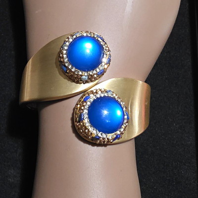 Gold Tone Hinged Cuff Bracelet w/ 2 Round Blue Crystal Cabochons, Pavé