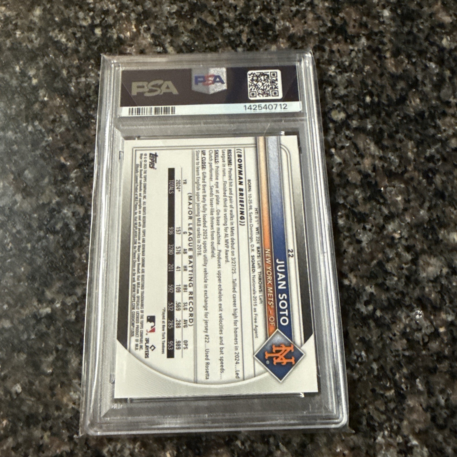 2025 Bowman Chrome Juan Soto #22 Blue Wave Refractor /150 PSA 10 Mets view 2