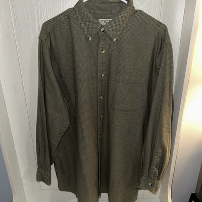 LL Bean Mens Green Houndstooth Button Down Flannel Shirt Large Wool Cotton