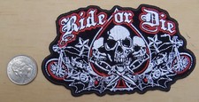 RIDE OR DIE SKULLS BIKES SPADE IRON-ON / SEW-ON EMBROIDERED PATCH 5" X 3 "