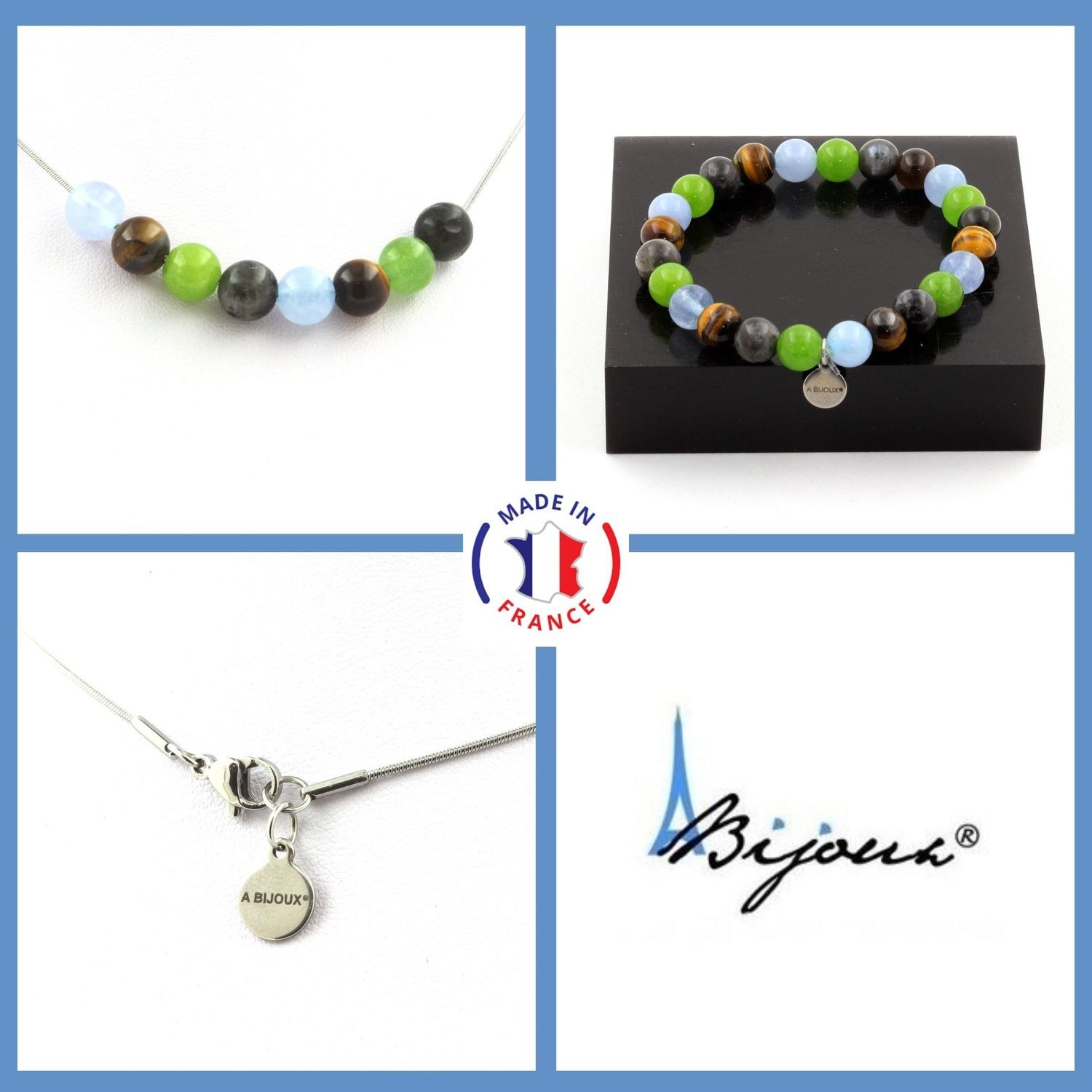 Parure bracelet et collier en perles d'aigue-marine et oeil de tigre bleu et marron