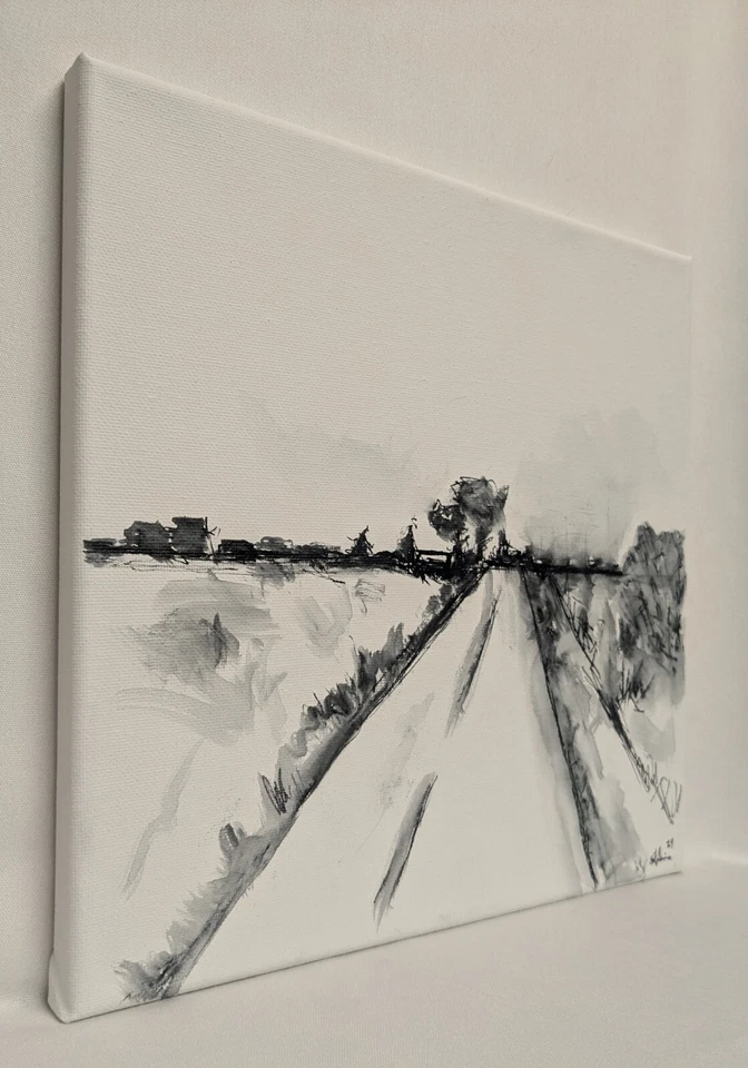 Pintura de paisagem abstrata mínima original por K.A.Davis "Lonely Road"  - Imagem 2 de 4