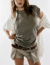 Free People We The Free Brown Crew Neck Raglan Sleeves Slim Fit Riley Tee Sz S