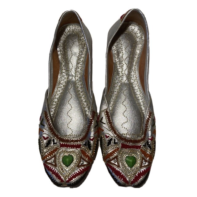 Pakistani Indian Womens Shoes Flats Silver Embroidered Beaded Khussa US