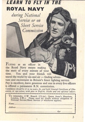 Fliegen lernen in der ROYAL NAVY während des Nationaldienstes. Anzeige 1952. Kostenloser Versand UK