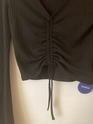SweatyRocks Women's Solid Drawstring V Neck Black Tunic Bell Sleeve Shirt Side L - Picture 5 of 12
