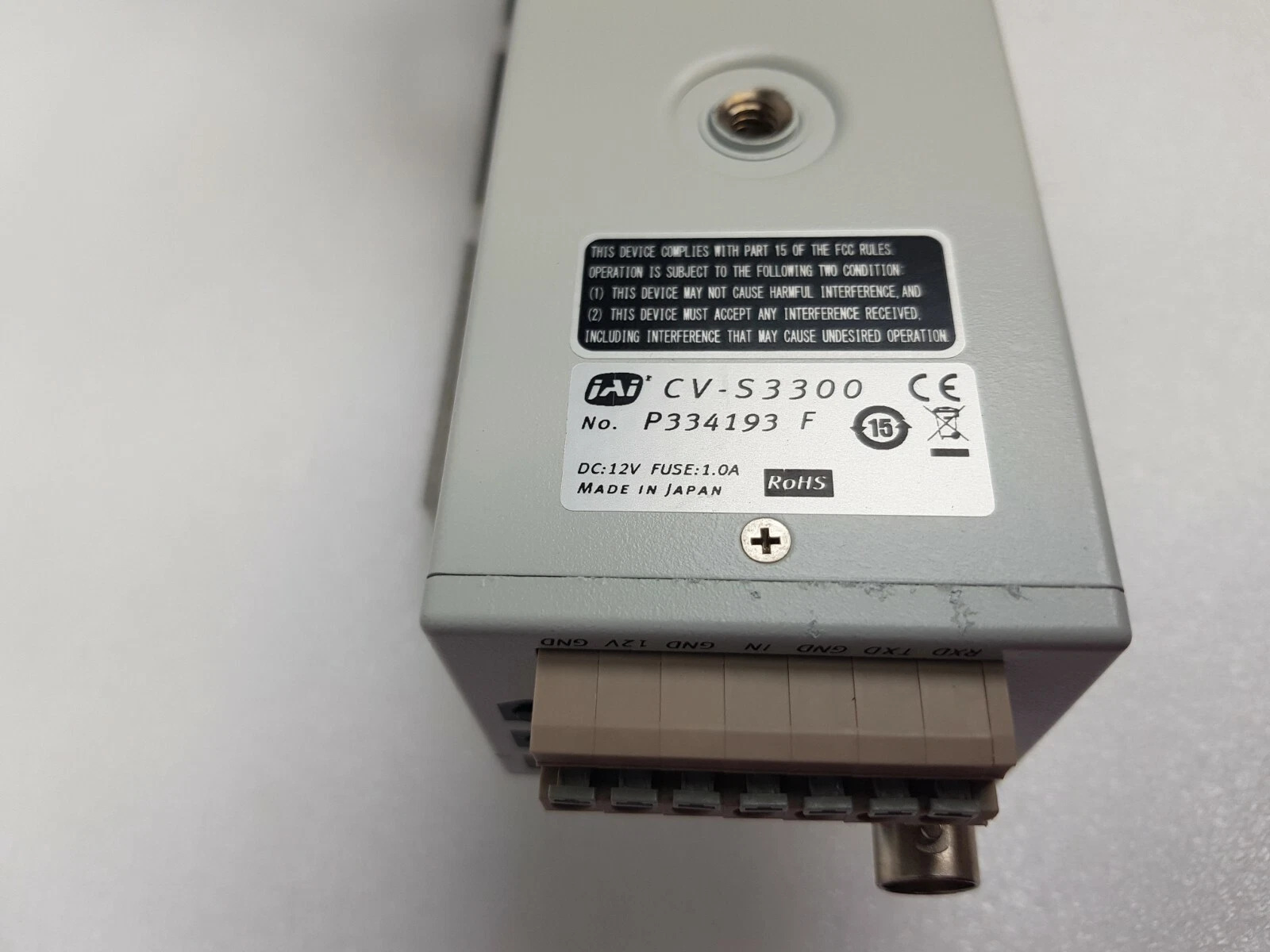 JAI CV-S3300 camera label with DC 12 V, fuse 1.0 A, made in Japan