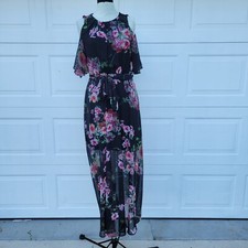 Calvin Klein Womens Maxi Flare Dress Sz 10 Black Floral.