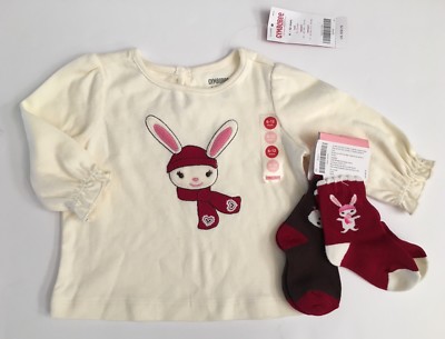 NWT Gymboree Alpine Sweetie 6-12 Months Snow Bunny Tee & Rabbit & Snowman Socks