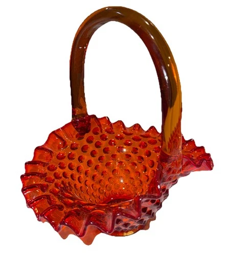 Vintage Fenton amberina Glass Hobnail Basket paper label