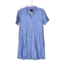 Tahari size S shirtdress size S blue 100% linen pockets button-up office summer