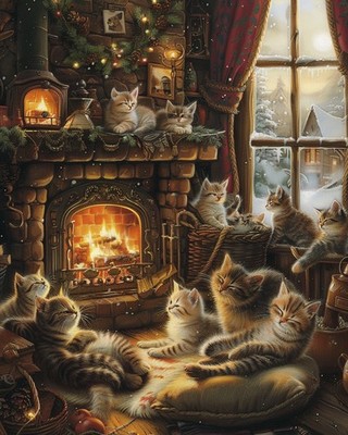 8x10 Art Print Cats Fireplace Group Sitting - 21700761