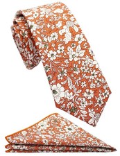 Mens Cotton Skinny Orange Floral Tie Combo Set with Pocket Square