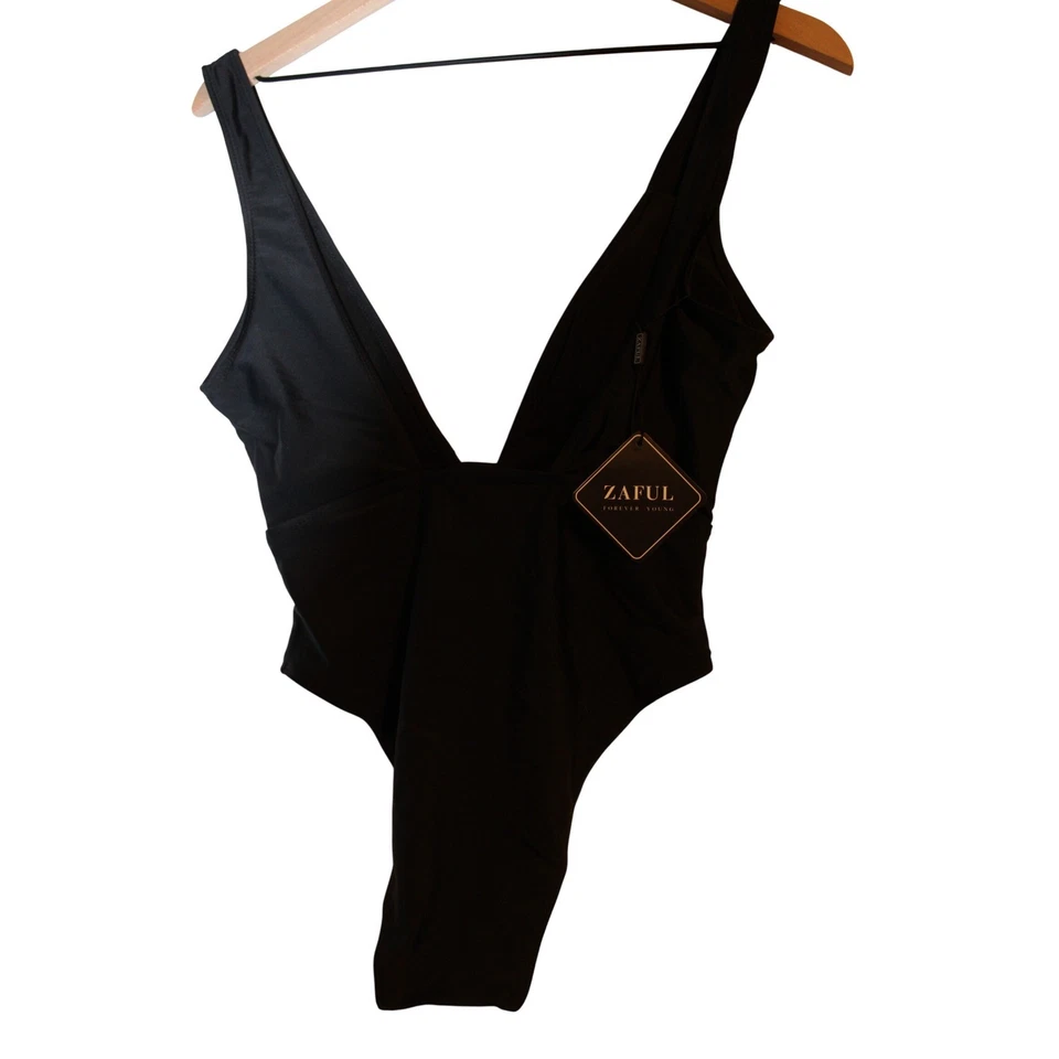 Sexy traje de baño negro escote hundido de una pieza sin mangas Foto 4 de 4