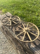 vintage pair 2x Wooden Spoked Wagon Pram Cart Wheels 11" diameter Steel Rim