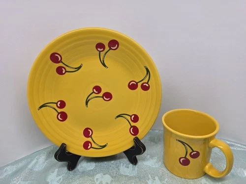 Fiesta HLCCA Daffodil With Cherries Luncheon Plate & Mug Fiestaware