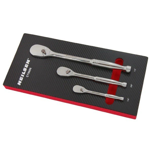 3pc Socket Pear Head Ratchet Handle Set 1/4"" 3/8"" 1/2"" 90T Set EVA Foam CT6606