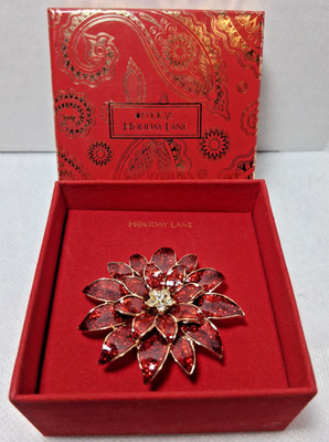 Macys Holiday Lane Glitter Enamel Poinsettia Flower Brooch Pin Christmas NEW Box