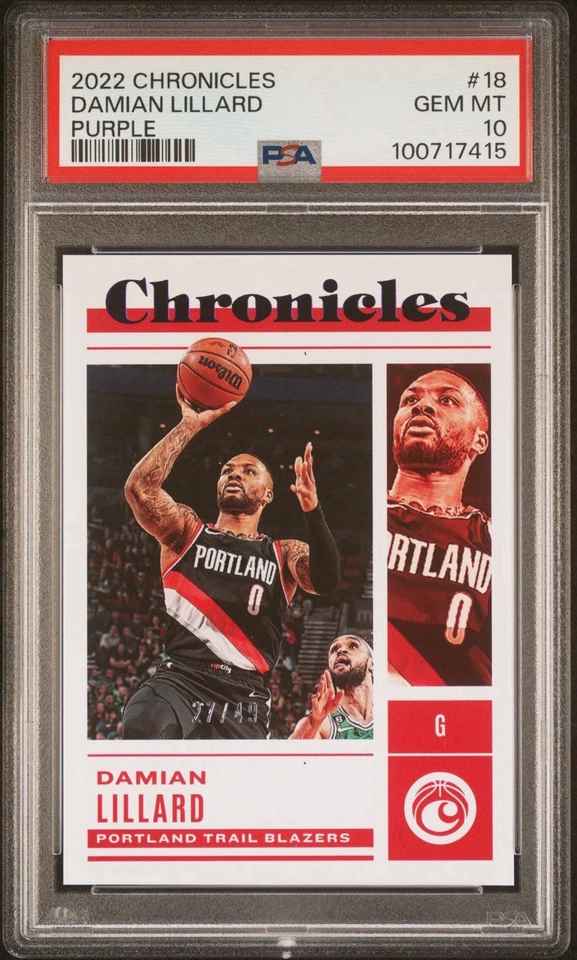 Panini Chronicles Damian Lillard 2022 púrpura/49 PSA 10 Foto 2 de 3