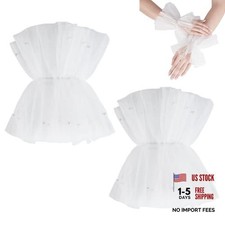 Short Lace Fingerless Gloves, Pearl Tulle Wedding Gloves Wrist Cuffs White