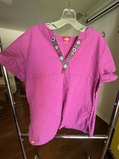 Womens Scrub Top Size M Dickies Pink with Pattern trim collar