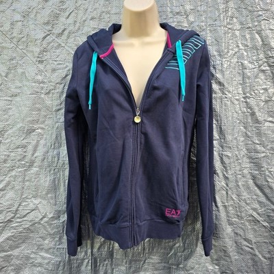 EA7 Emporio Armani Womens Hoodie Size L Navy Full Zip Logo Sweatshirt
