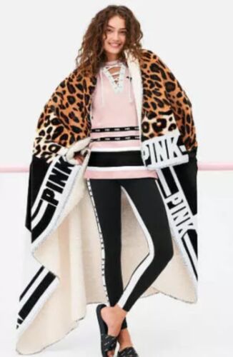 Victoria's Secret Pink Leopard Sherpa Blanket Throw Black White 50" x 60"