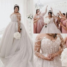 Plus Size A Line Wedding Dresses Long Sleeves Tulle Appliqued Beads Court Train