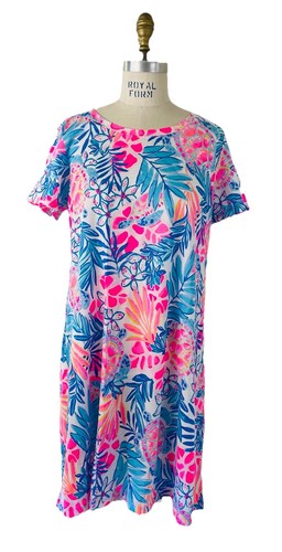 Lilly Pulitzer Women´s T-Shirt Dress Cotton Resort White Rainforest Retreat Sz L
