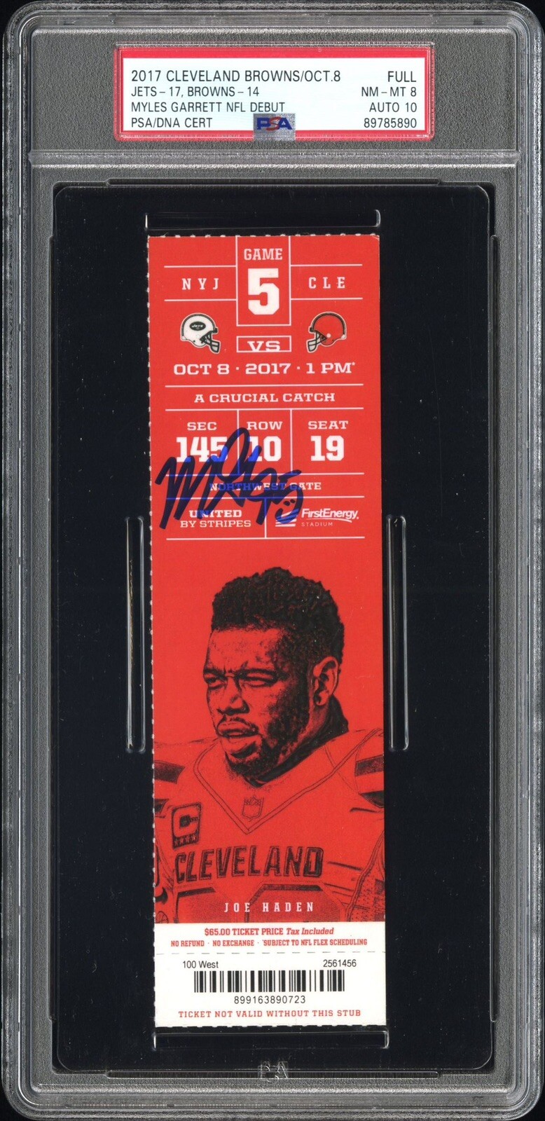 Myles Garrett Autographed Signed Cleveland Browns 2017 NFL Debut Ticket Browns Jets 10/8/17 PSA 8 Auto 10 