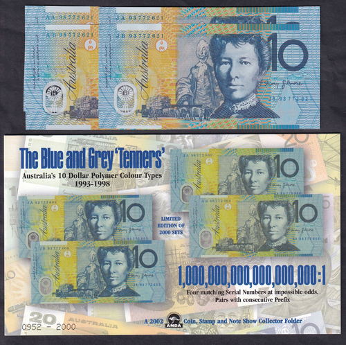 1993-1998 Blue & Grey "Tenners" ($10) - 2 x CONSEC Prefix Pairs in ANDA Folder.. - Picture 2 of 4