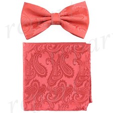 New formal Men's micro fiber Pre-tied Bow Tie  Hankie coral paisley wedding