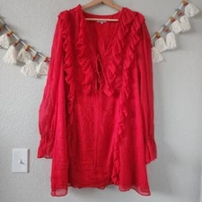 Bellevue The Label Ruffled Mini Red Dress Metallic Long Sleeve Romantic Sexy XL