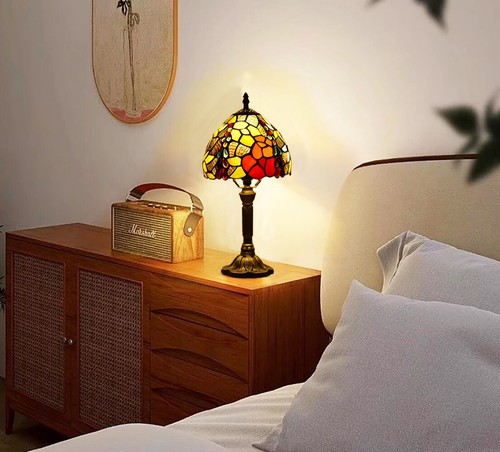 Tiffany style Table Lamp Vintage Stained Glass Bedside Rose Floral Light 14" - Picture 2 of 8