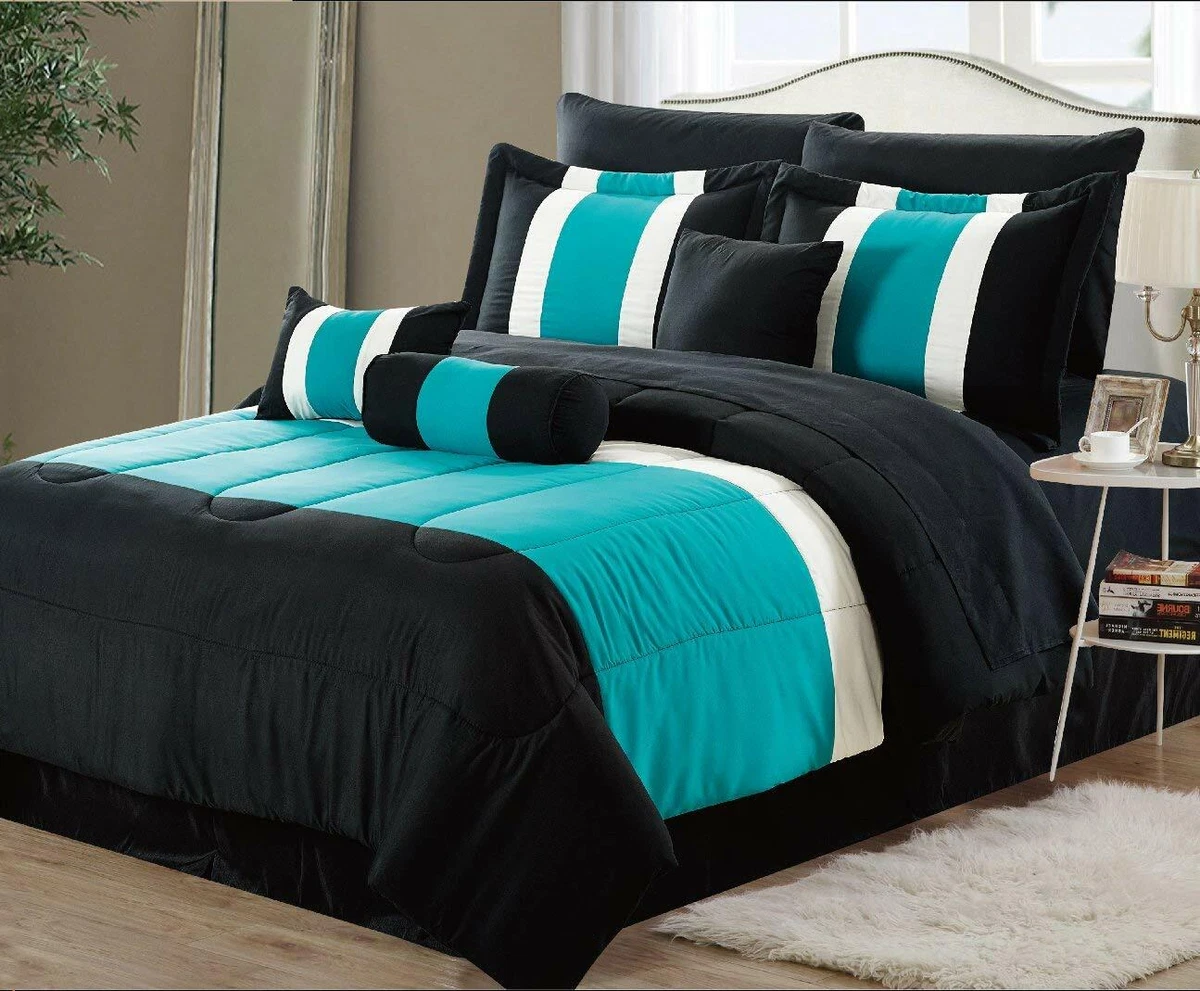 Black Teal 8 pc Bed In A Bag Comforter Set Sheet Set Included Sale Serenity