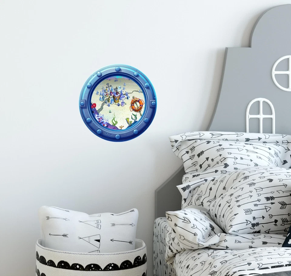 Calcomanía de pared de ventana 3D ojo de buey dibujos animados océano mar fondo ciudad pegatina de pared decoración Foto 4 de 4