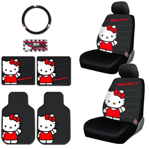 For Hyundai New 10PC Hello Kitty Car Seat Covers Floor Mats Accessory Set