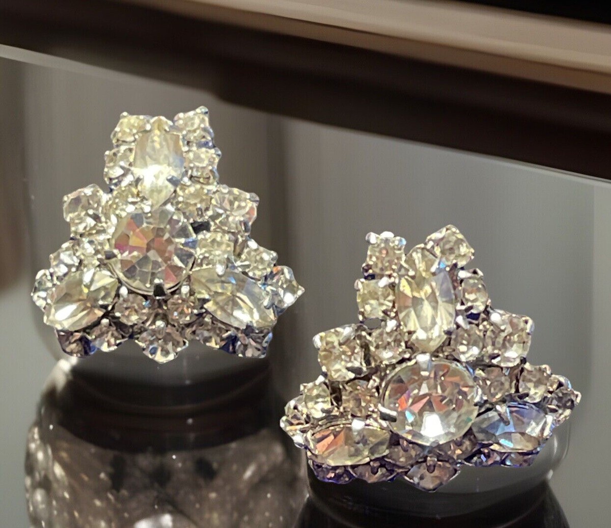 Vintage 1950 Crystal Prongset Rhinestone Triangle Shaped Earrings
