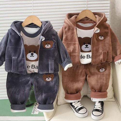 Baby Boy Clothes 3 Pc Set Winter Thick Velvet Bear Hooded Coat Sweater Pant Gift