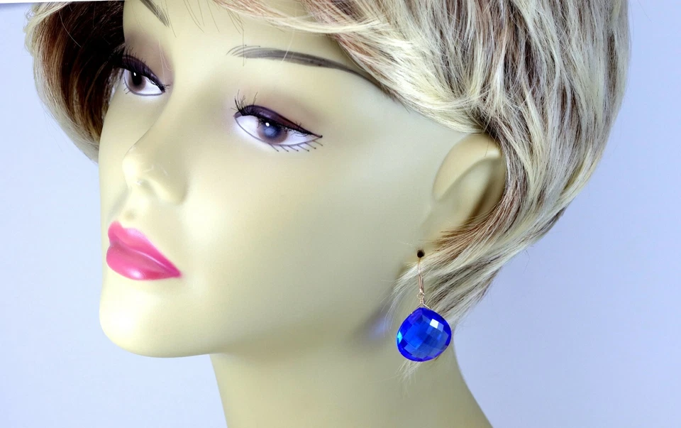 Pendientes lágrimas de zafiro simulado azul cachemir oro macizo de 14 k Foto 4 de 4