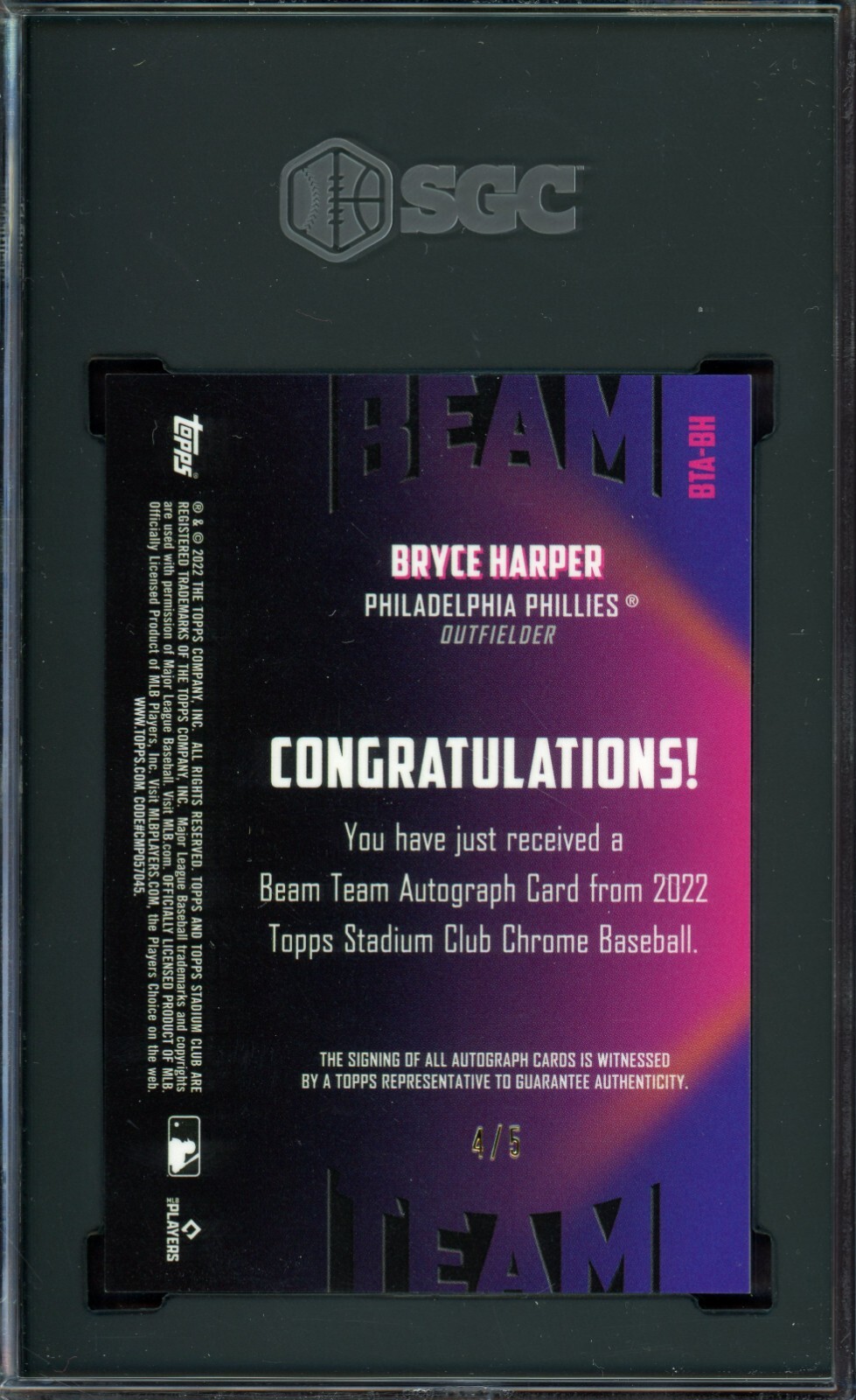 BRYCE HARPER ~ 2022 Stadium Club Chrome Beam Team Red #BH (#4/5 