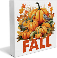 Fall Sign Decor Pumpkin Wooden Block Sign Fall Decorations for Home 5 X 5 Inches