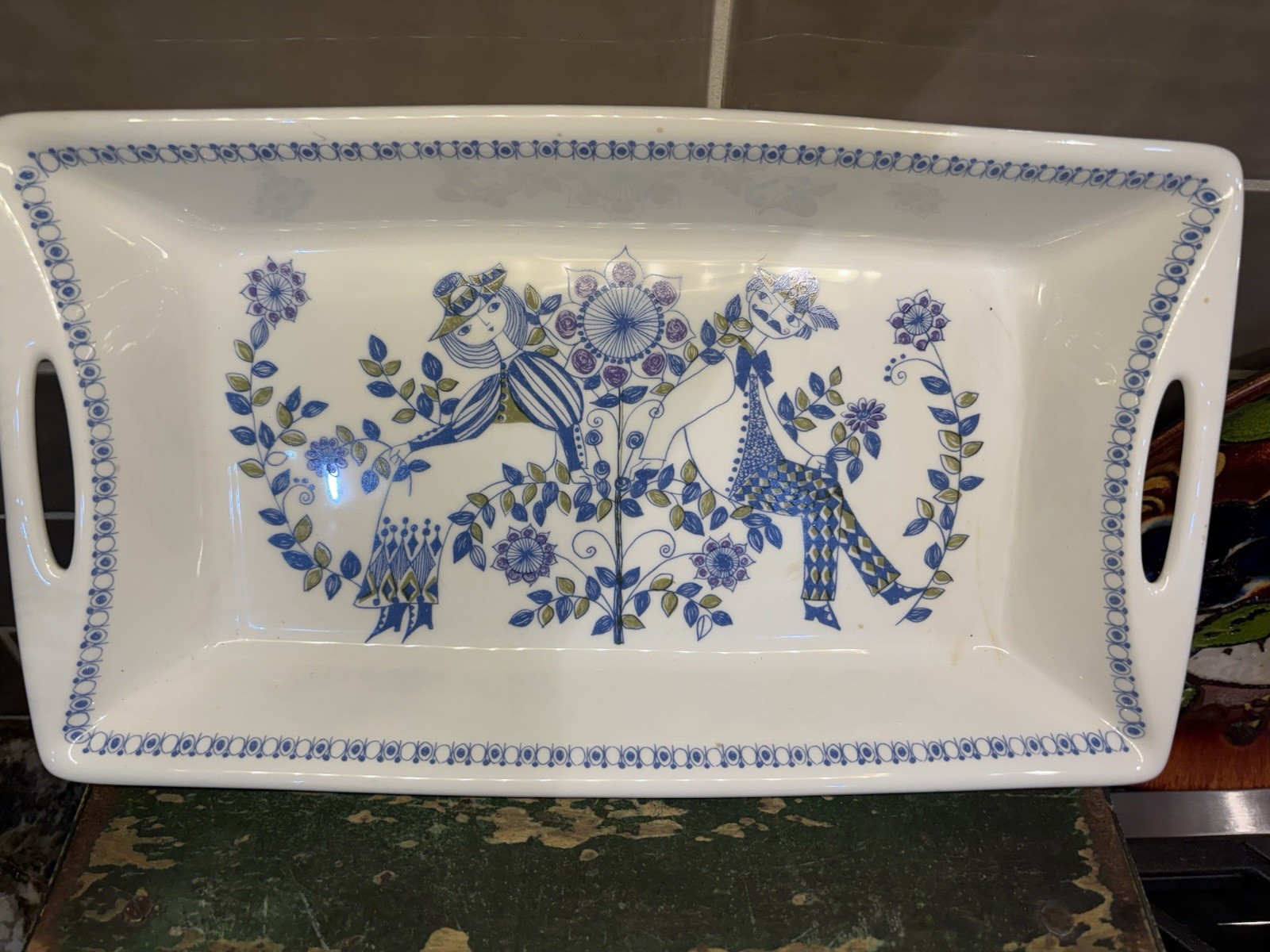 Vtg 1960 Figgjo Lotto Tori Design 13.5x7.75” 2 Handled Norway Serving Dish