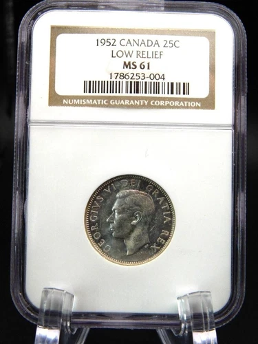 1952 CANADA 25 Cent King George - NGC Graded MS61 LOW RELIEF (BF2277)