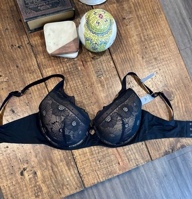 Aerie Real Power Plunge Underwire Lace Bra Floral Sheer Black 38D Adj Straps