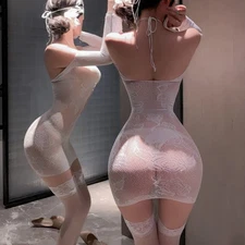 Women Fishnet Body Stockings Short dress Roses Halter 2pcs Underwear 26071