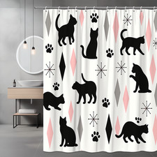 Cute Cat Shower Curtain with Black Silhouettes and Pink Diamonds