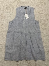 Quince Women’s XL Blue White Striped Sleeveless Linen Blend Henley Dress NWT