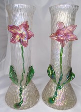 Pair Antique Art Nouveau Kralik Applied Flowers Iridescent Glass 13   Vases